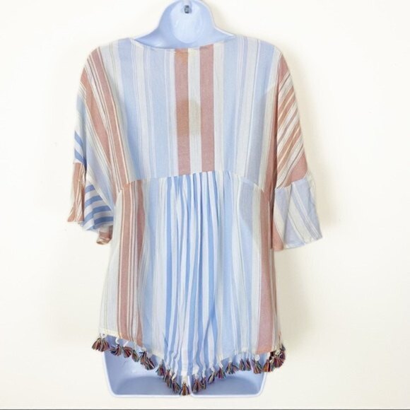 NEW NWT KORI Salmon & Blue Striped Tassel Top Beach Coverup V-neck Oversized Sm - Picture 7 of 9